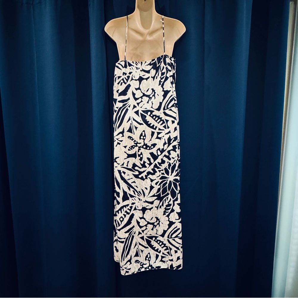 Vintage Mary McFadden Maxi Long Spaghetti Shiny Silky Nightgown Blue White S - Picture 3 of 5